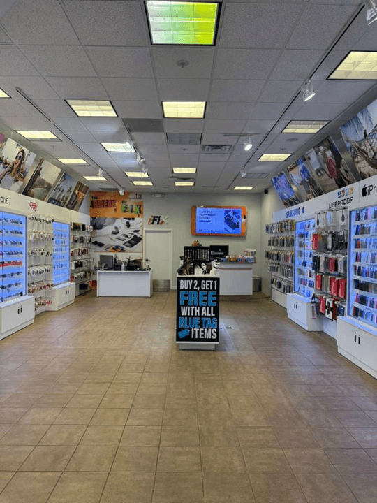 Inside view of the iFix store with accessories and service counter